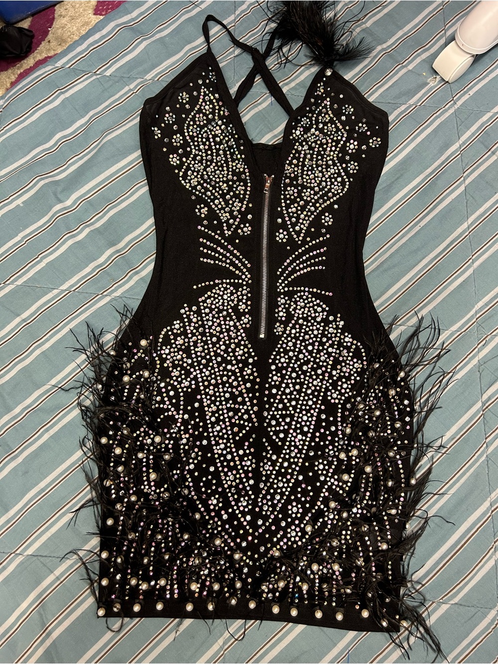 Monroe Paris Black Rhinestone Pearl Feather Bodycon Mini Dress Size S